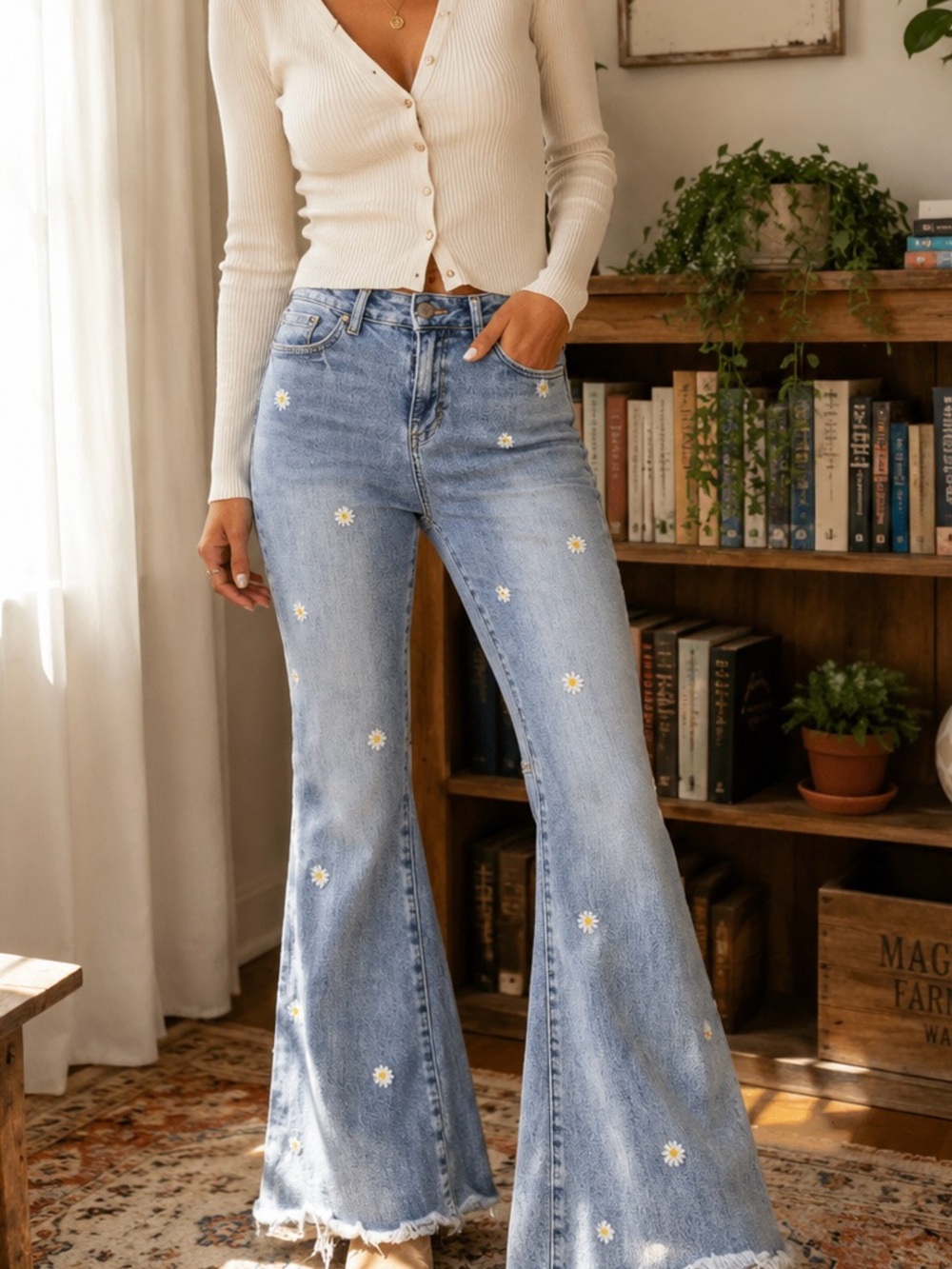 Mica Denim Daisy Embroidered Flare Jeans Size 29 Light Wash Raw Hem